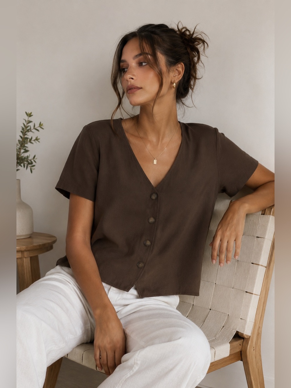 Reitmans Java Brown Button-Front V-Neck Blouse NWT | Medium